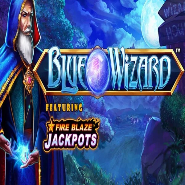 Blue Wizard Fire Blaze Jackpots online game logo by Rarestone Gaming on allysspins.com