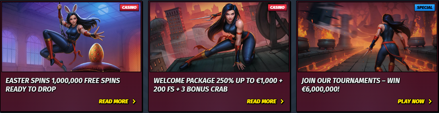 Casino promotion cards featuring Easter Spins with 1,000,000 free spins, a welcome package up to €1,000 plus free spins and bonus, and a tournament offer with €6,000,000 in prizes, each with action buttons.