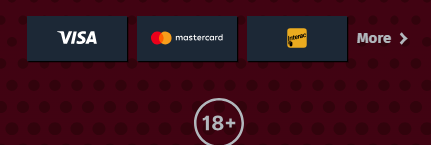 Footer with Visa, Mastercard, and Interac payment icons, a “More” link, and an 18+ age restriction badge on a red dotted background.