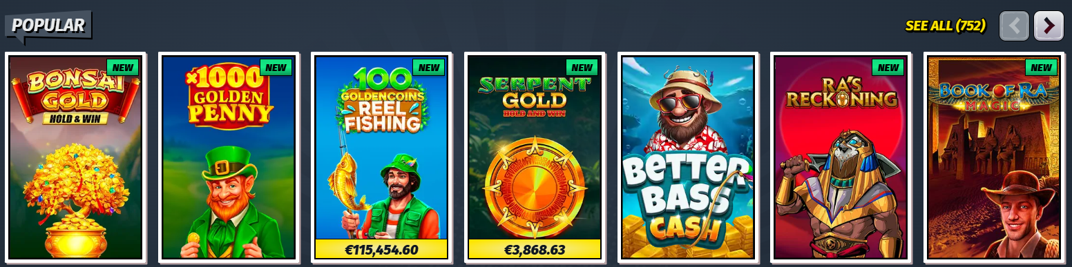 Popular slots section displaying games such as Bonsai Gold Hold & Win, 1000 Golden Penny, 100 Golden Coins Free Fishing, Serpent Gold Hold & Win, Better Bass Cash, Ra’s Reckoning, and Book of Ra Magic, with “New” labels on several titles.