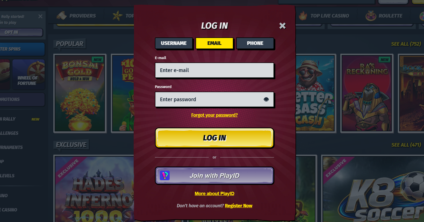 Login modal with tabs for Username, Email (active), and Phone, featuring input fields for email and password, a “Forgot your password?” link, a large yellow “LOG IN” button, and an alternative “Join with PlayID” option below.